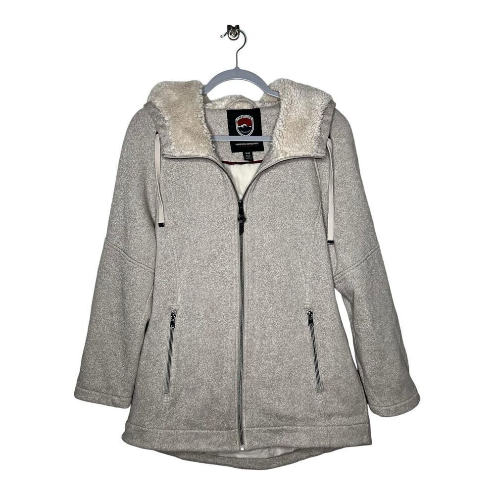 1 Madison Expedition Jacket Womens Medium Hooded Full Zip Beige Sherpa Lined
